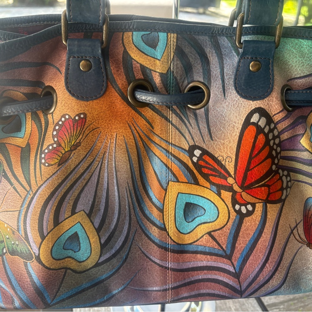 EUC, Anuschka Peacock Butterfly Multicolor Hand-Painted Shoulder Bag - Picture 4 of 15